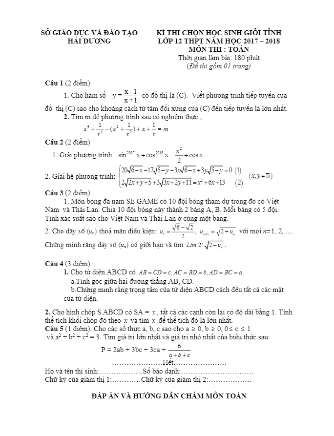 Đề thi chọn HSG tỉnh Toán 12 năm học 2017 – 2018 sở GD và ĐT Hải Dương