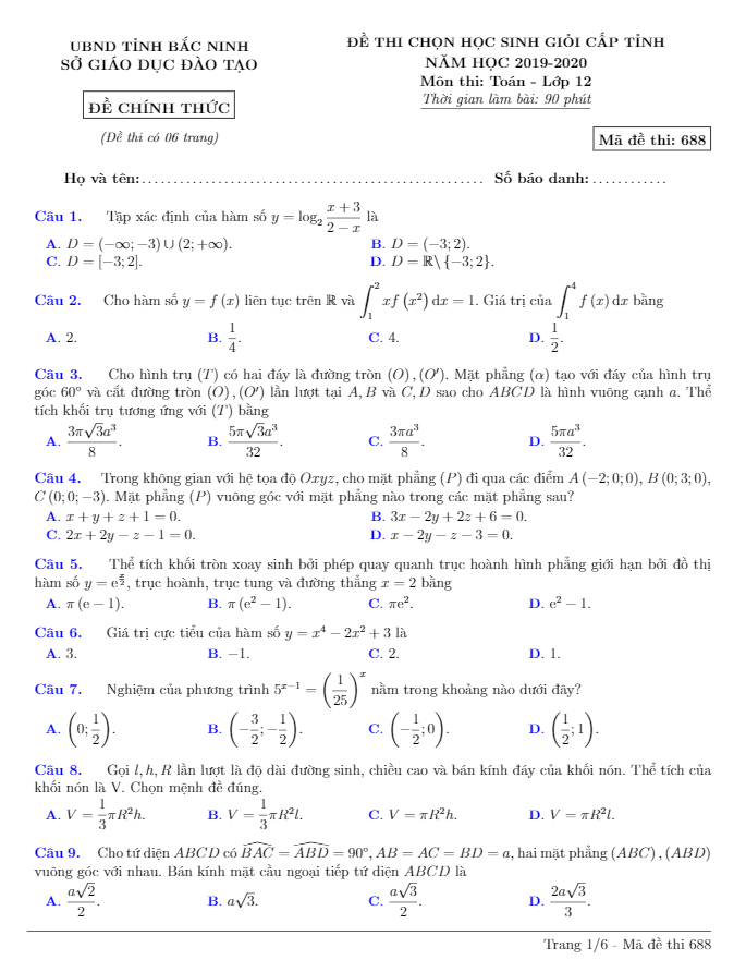Đề thi chọn HSG tỉnh Toán 12 năm học 2019 – 2020 sở GD&ĐT Bắc Ninh