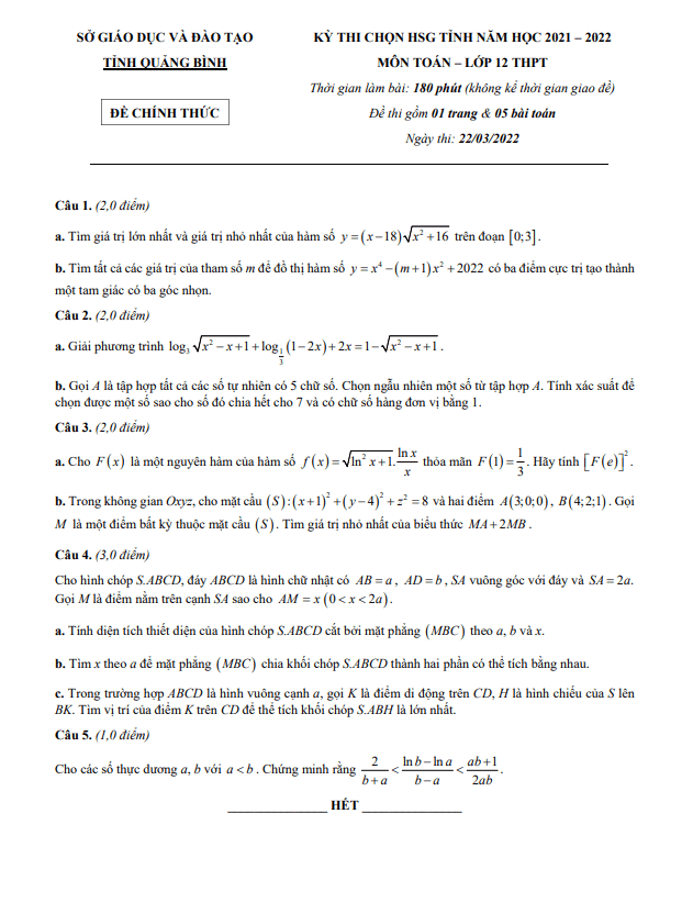 Đề thi chọn HSG tỉnh Toán 12 THPT năm 2021 – 2022 sở GD&ĐT Quảng Bình