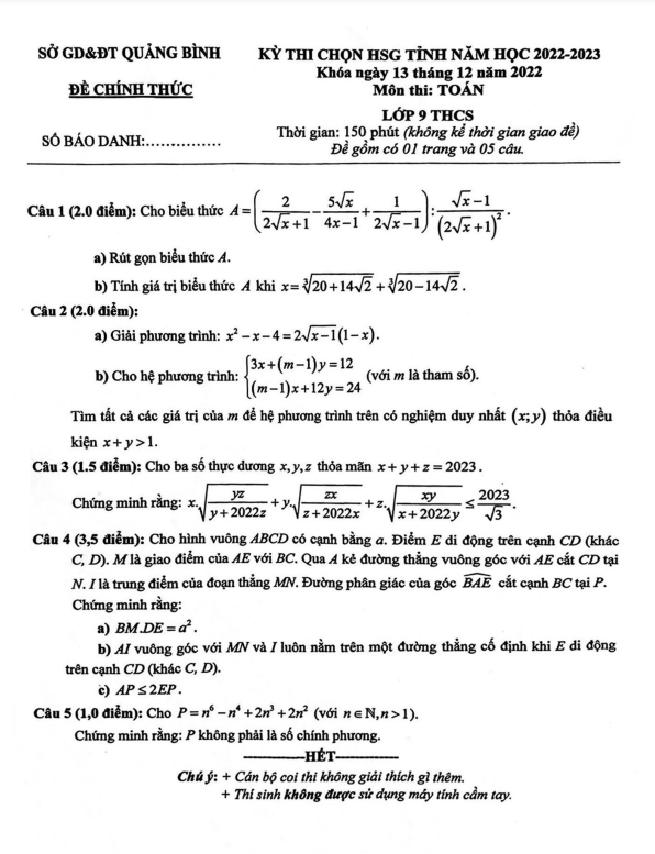 Đề thi chọn HSG tỉnh Toán 9 năm 2022 – 2023 sở GD&ĐT Quảng Bình