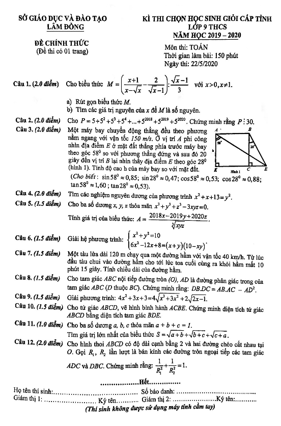 Đề thi chọn HSG tỉnh Toán 9 năm học 2019 – 2020 sở GD&ĐT Lâm Đồng