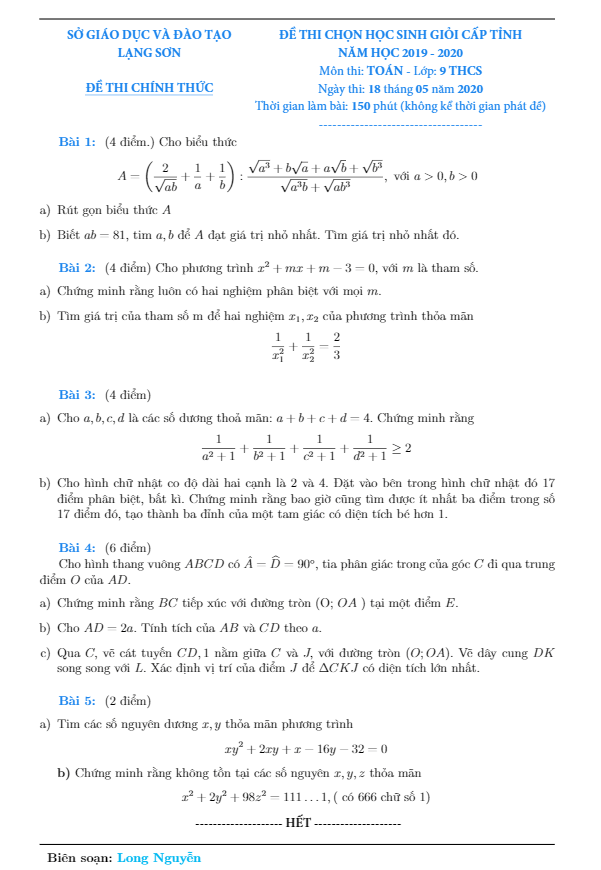 Đề thi chọn HSG tỉnh Toán 9 năm học 2019 – 2020 sở GD&ĐT Lạng Sơn