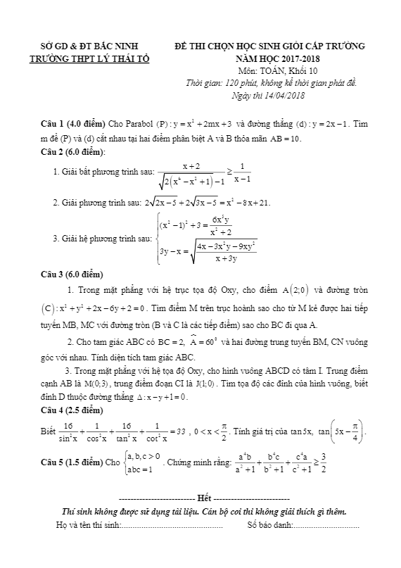 Đề thi chọn HSG Toán 10 cấp trường năm 2017 – 2018 trường Lý Thái Tổ – Bắc Ninh
