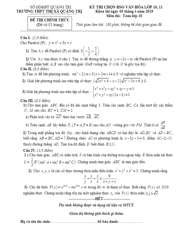 Đề thi chọn HSG Toán 10 năm 2018 – 2019 trường THPT Thị xã Quảng Trị