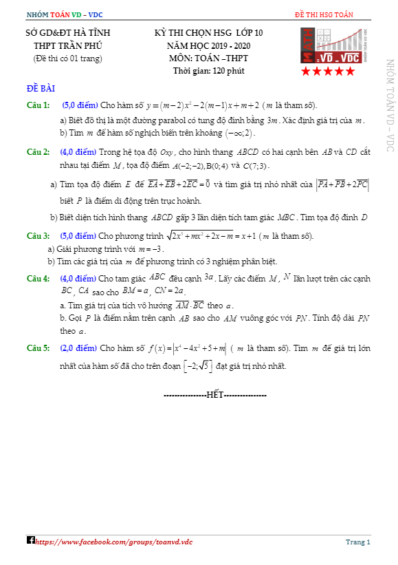 Đề thi chọn HSG Toán 10 năm 2019 – 2020 trường THPT Trần Phú – Hà Tĩnh