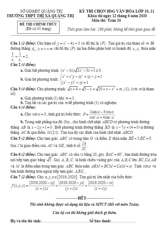 Đề thi chọn HSG Toán 10 năm học 2019 – 2020 trường THPT thị xã Quảng Trị