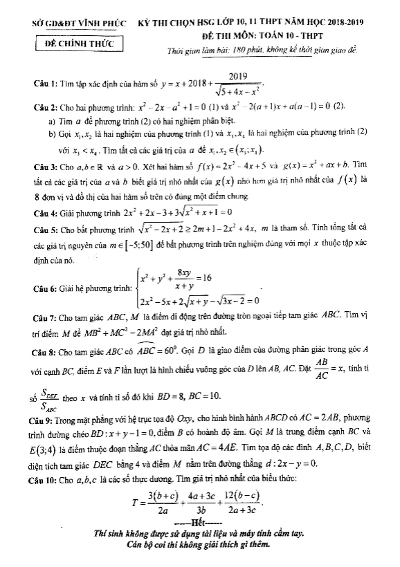 Đề thi chọn HSG Toán 10 THPT năm học 2018 – 2019 sở GD&ĐT Vĩnh Phúc