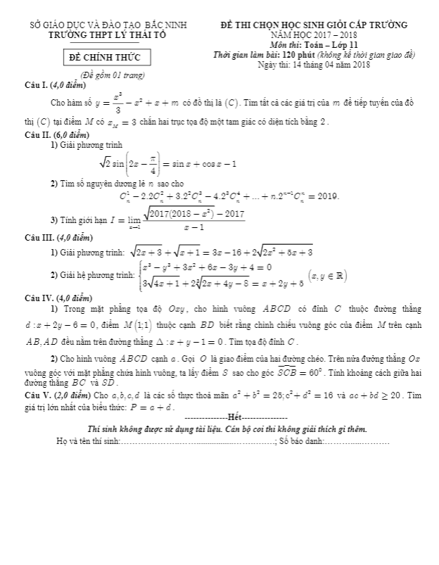 Đề thi chọn HSG Toán 11 cấp trường năm 2017 – 2018 trường Lý Thái Tổ – Bắc Ninh