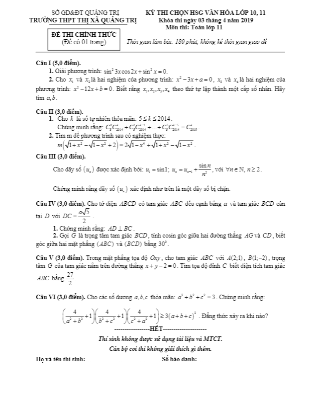 Đề thi chọn HSG Toán 11 năm 2018 – 2019 trường THPT Thị xã Quảng Trị