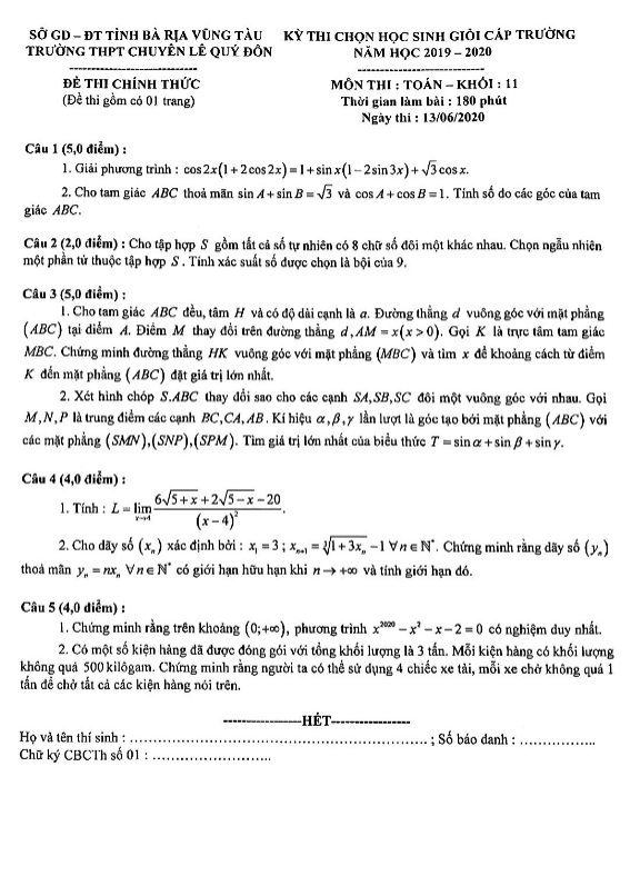 Đề thi chọn HSG Toán 11 năm 2019 – 2020 trường chuyên Lê Quý Đôn – BR VT