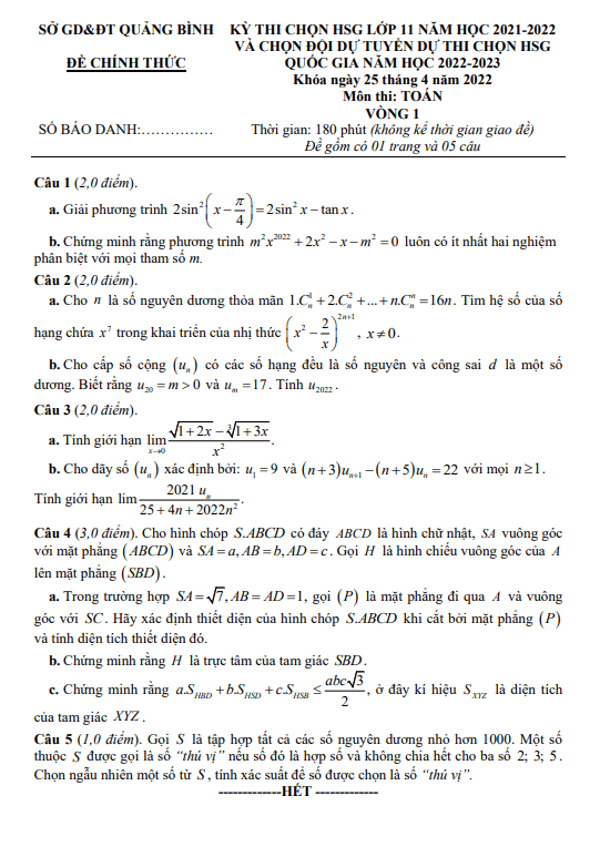 Đề thi chọn HSG Toán 11 năm 2021 – 2022 sở GD&ĐT Quảng Bình