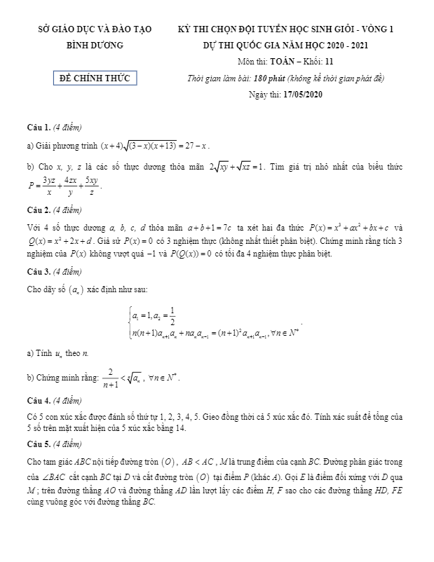 Đề thi chọn HSG Toán 11 vòng 1 năm học 2020 – 2021 sở GD&ĐT Bình Dương