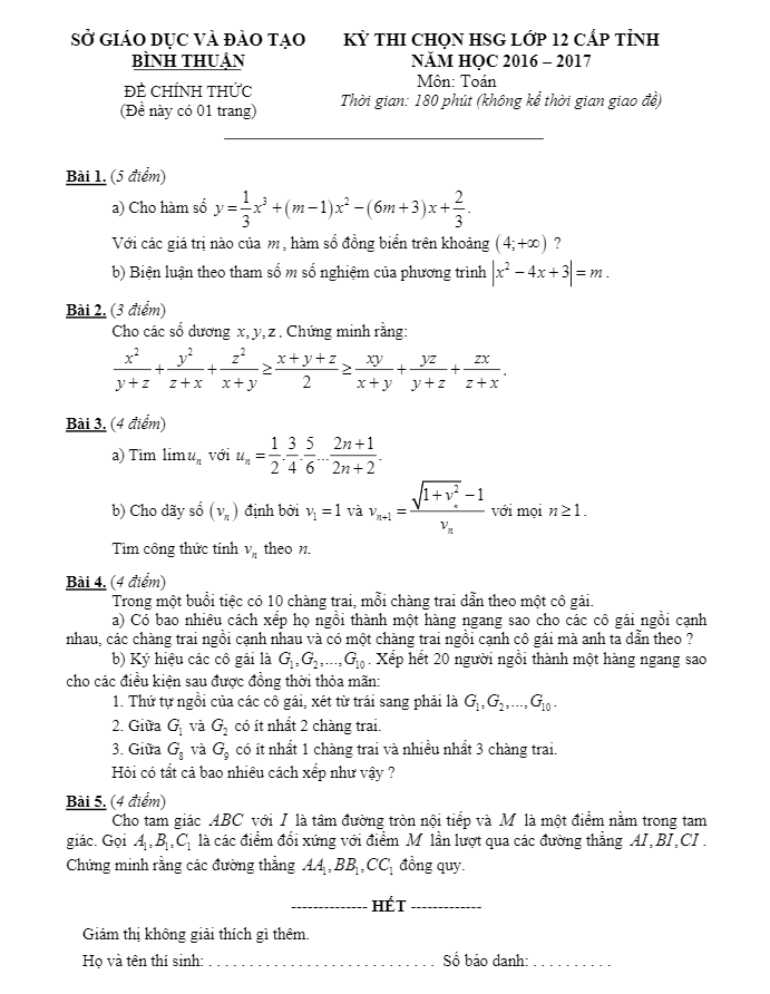 Đề thi chọn HSG Toán 12 cấp tỉnh năm học 2016 – 2017 sở GD và ĐT Bình Thuận
