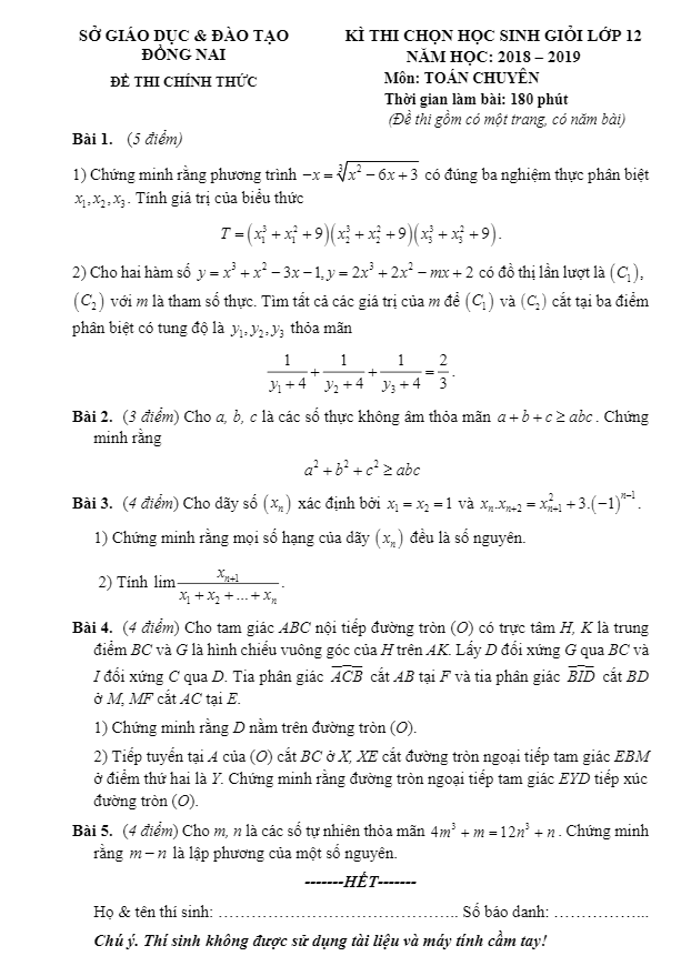 Đề thi chọn HSG Toán 12 chuyên năm học 2018 – 2019 sở GD&ĐT Đồng Nai