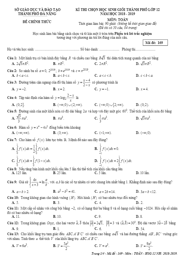 Đề thi chọn HSG Toán 12 năm 2018 – 2019 sở GD&ĐT thành phố Đà Nẵng