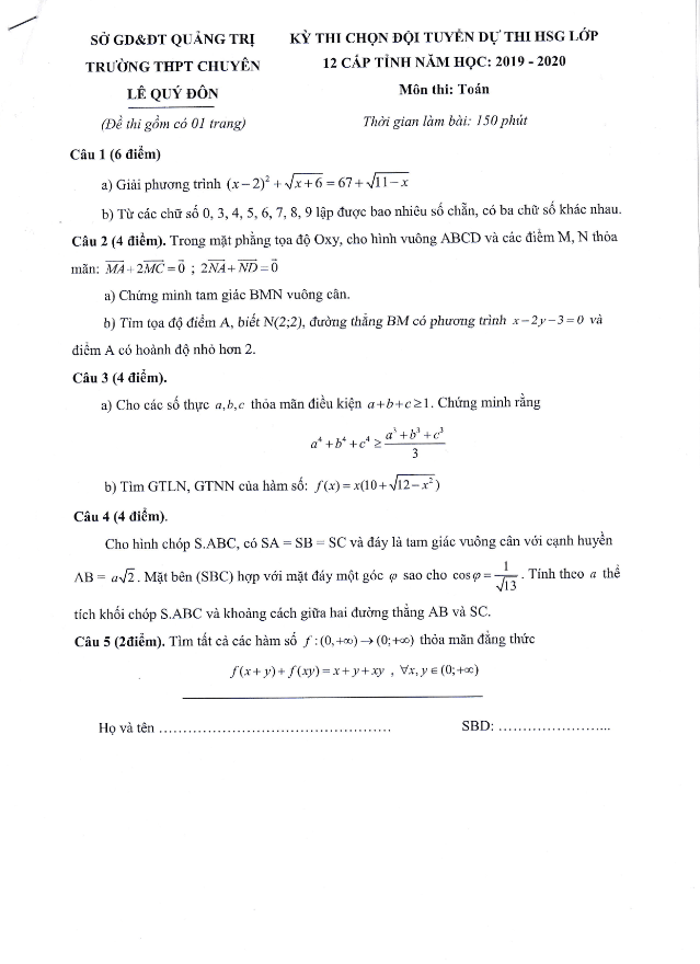 Đề thi chọn HSG Toán 12 năm 2019 – 2020 trường chuyên Lê Quý Đôn – Quảng Trị