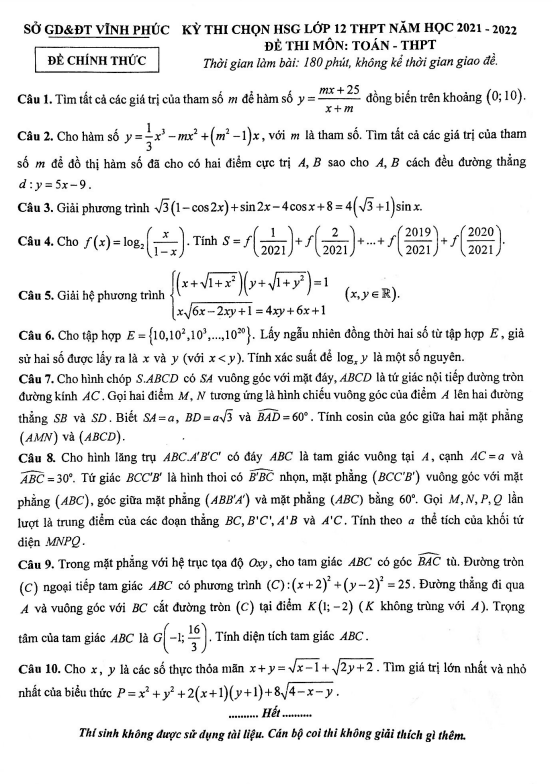 Đề thi chọn HSG Toán 12 THPT năm 2021 – 2022 sở GD&ĐT Vĩnh Phúc