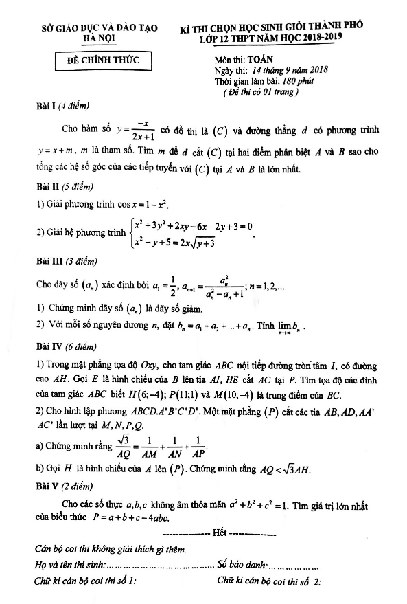 Đề thi chọn HSG Toán 12 THPT năm học 2018 – 2019 sở GD và ĐT Hà Nội