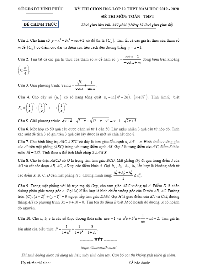 Đề thi chọn HSG Toán 12 THPT năm học 2019 – 2020 sở GD&ĐT Vĩnh Phúc