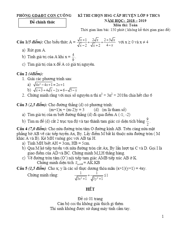 Đề thi chọn HSG Toán 9 năm 2018 – 2019 phòng GD&ĐT Con Cuông – Nghệ An