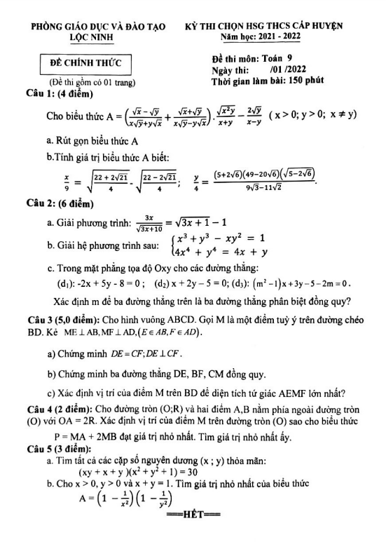 Đề thi chọn HSG Toán 9 năm 2021 – 2022 phòng GD&ĐT Lộc Ninh – Bình Phước