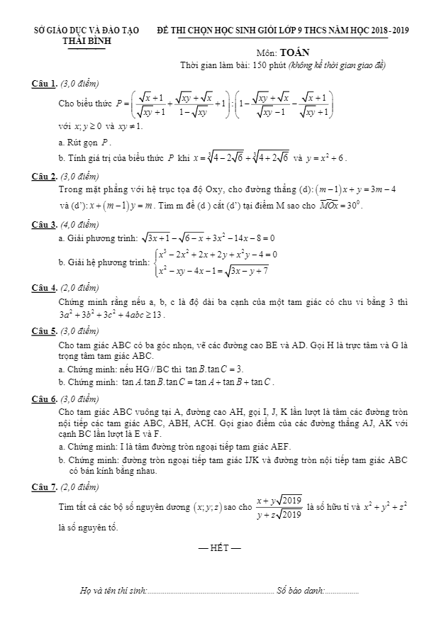 Đề thi chọn HSG Toán 9 THCS năm 2018 – 2019 sở GD và ĐT Thái Bình