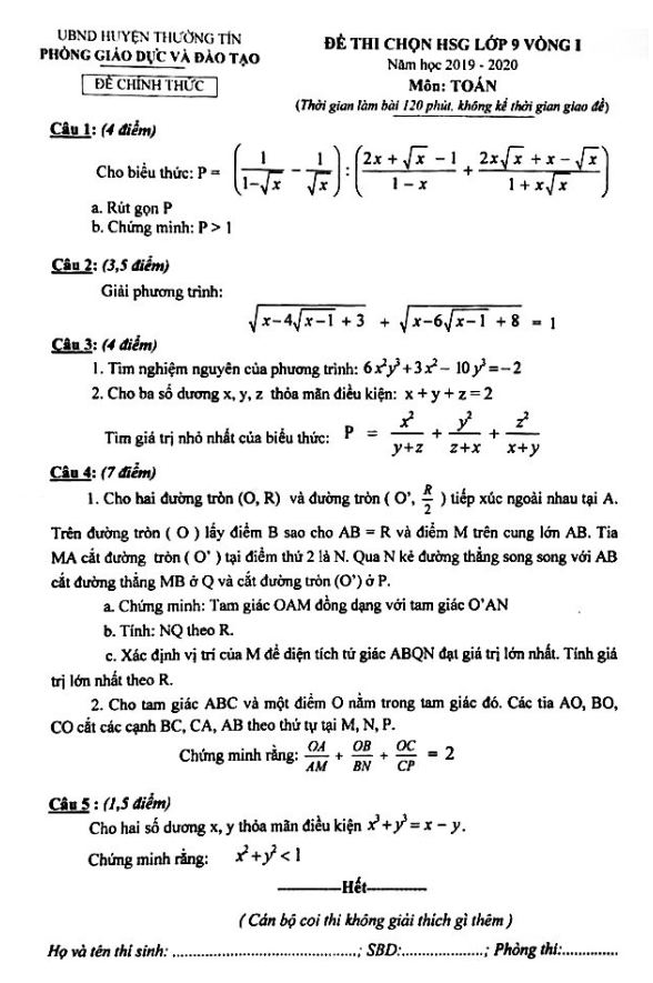 Đề thi chọn HSG Toán 9 vòng 1 năm 2019 – 2020 phòng GD&ĐT Thường Tín – Hà Nội