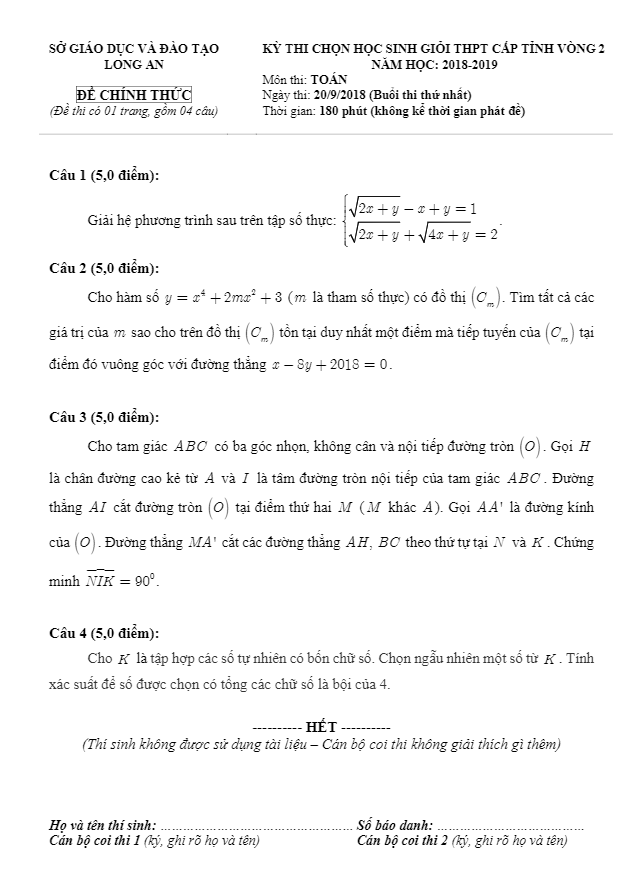 Đề thi chọn HSG Toán cấp tỉnh vòng 2 năm 2018 – 2019 sở GD và ĐT Long An