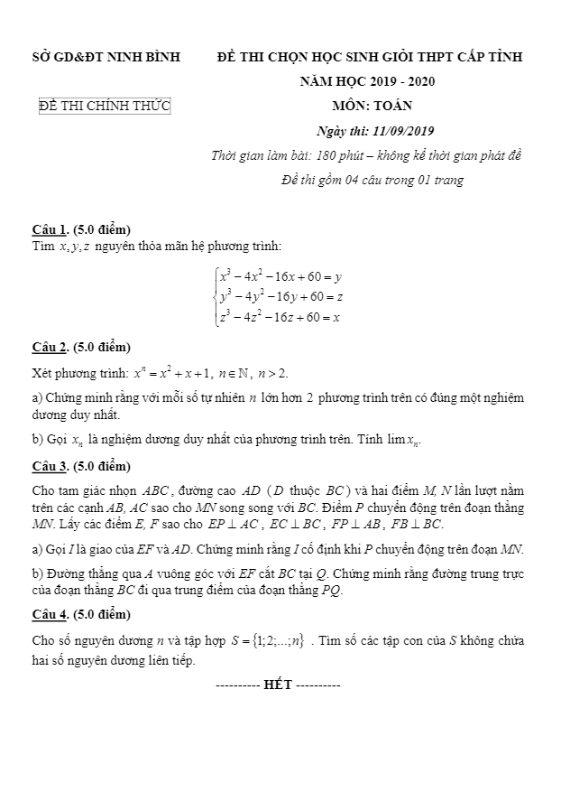 Đề thi chọn HSG Toán THPT cấp tỉnh năm 2019 – 2020 sở GD&ĐT Ninh Bình