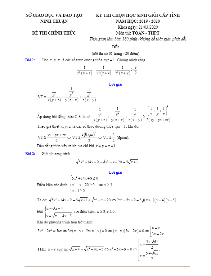 Đề thi chọn HSG Toán THPT cấp tỉnh năm 2019 – 2020 sở GD&ĐT Ninh Thuận