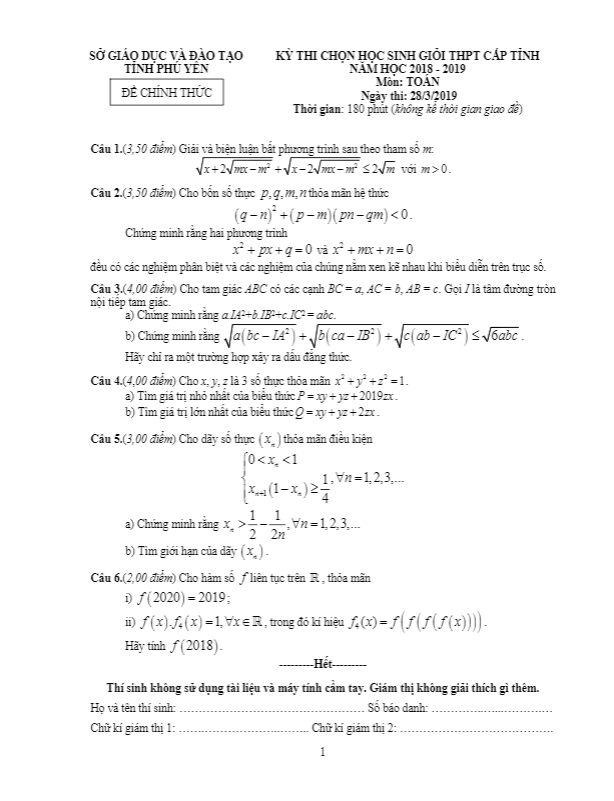 Đề thi chọn HSG Toán THPT cấp tỉnh năm học 2018 – 2019 sở GD&ĐT Phú Yên