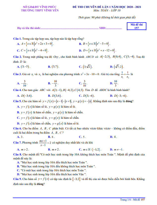 Đề thi chuyên đề Toán 10 lần 1 năm 2020 – 2021 trường THPT Vĩnh Yên – Vĩnh Phúc