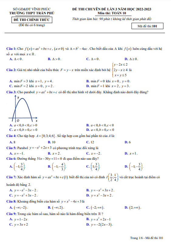 Đề thi chuyên đề Toán 10 lần 3 năm 2022 – 2023 trường THPT Trần Phú – Vĩnh Phúc