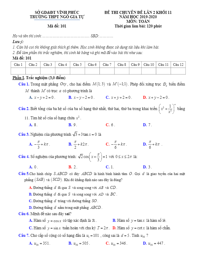 Đề thi chuyên đề Toán 11 lần 2 năm 2019 – 2020 trường Ngô Gia Tự – Vĩnh Phúc