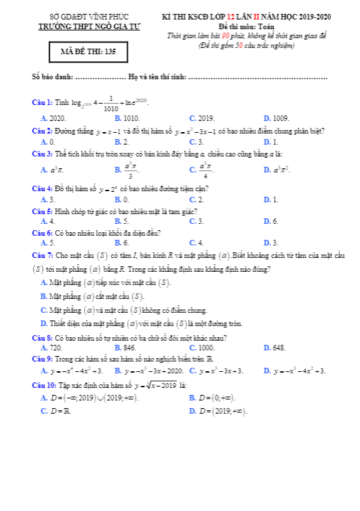 Đề thi chuyên đề Toán 12 lần 2 năm 2019 – 2020 trường Ngô Gia Tự – Vĩnh Phúc