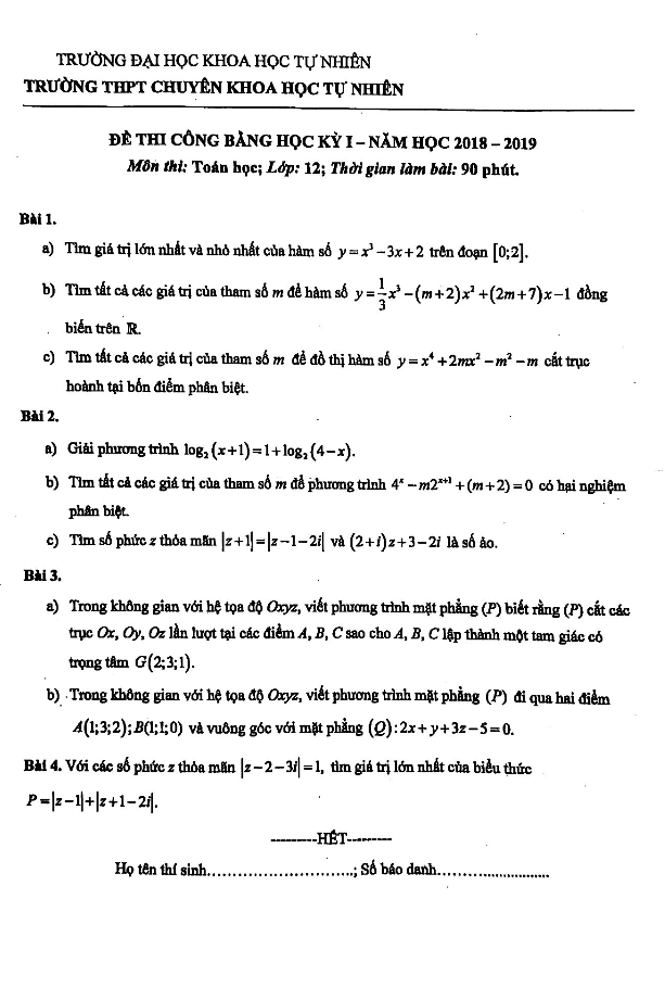 Đề thi công bằng học kỳ 1 Toán 12 năm học 2018 – 2019 trường THPT chuyên KHTN – Hà Nội