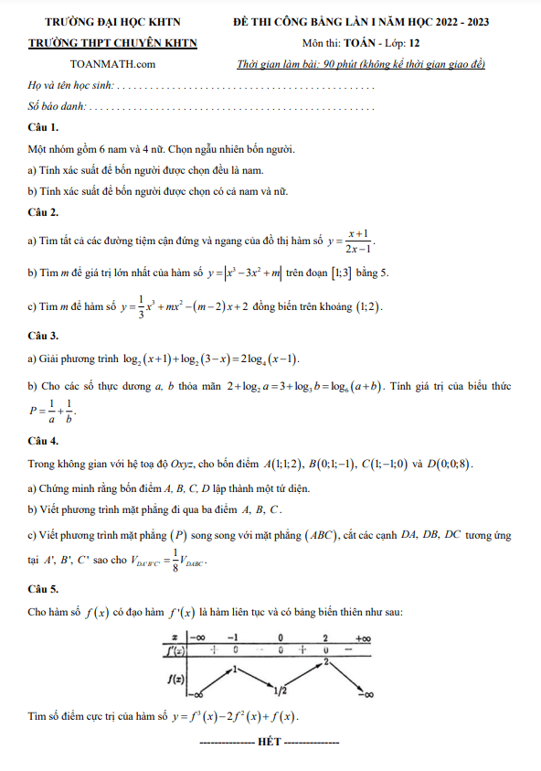 Đề thi công bằng Toán 12 lần 1 năm 2022 – 2023 trường chuyên KHTN – Hà Nội
