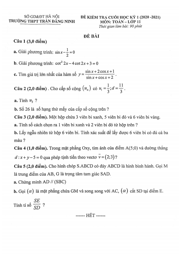 Đề thi cuối HK1 Toán 11 năm 2020 – 2021 trường THPT Trần Đăng Ninh – Hà Nội