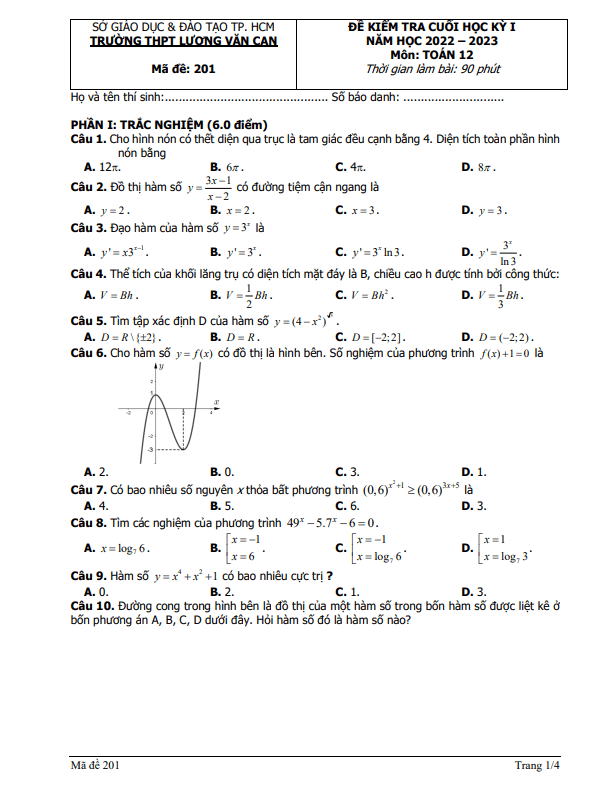 Đề thi cuối HK1 Toán 12 năm 2022 – 2023 trường THPT Lương Văn Can – TP HCM