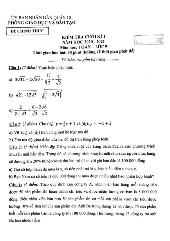 Đề thi cuối HK1 Toán 9 năm 2020 – 2021 phòng GD&ĐT Quận 10 – TP HCM