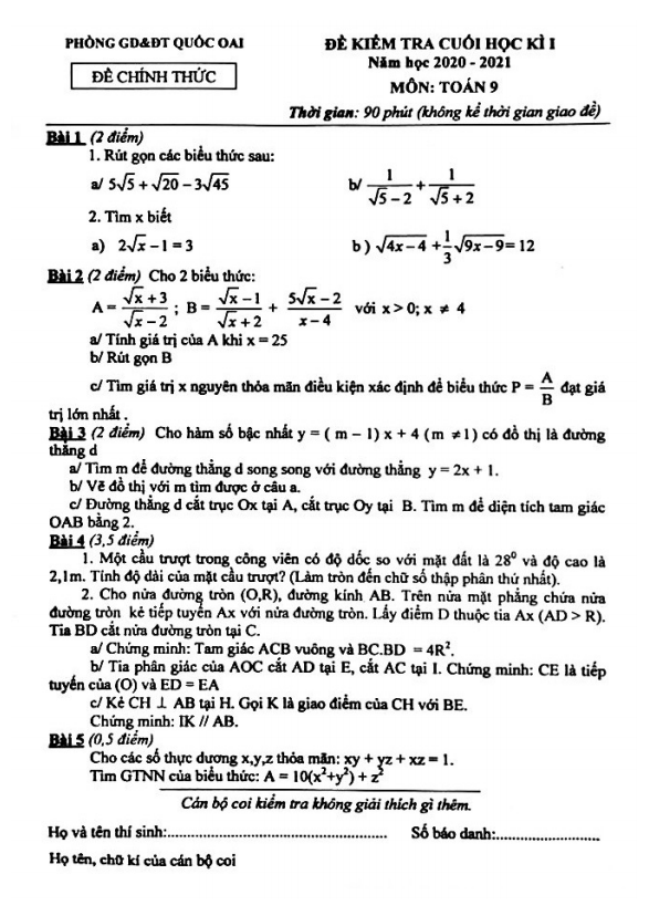 Đề thi cuối HK1 Toán 9 năm 2020 – 2021 phòng GD&ĐT Quốc Oai – Hà Nội