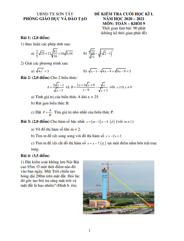 Đề thi cuối HK1 Toán 9 năm 2020 – 2021 phòng GD&ĐT Sơn Tây – Hà Nội