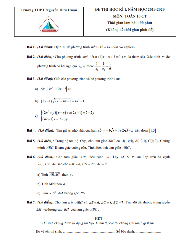 Đề thi cuối học kì 1 Toán 10 năm 2019 – 2020 trường THPT Nguyễn Hữu Huân – TP HCM