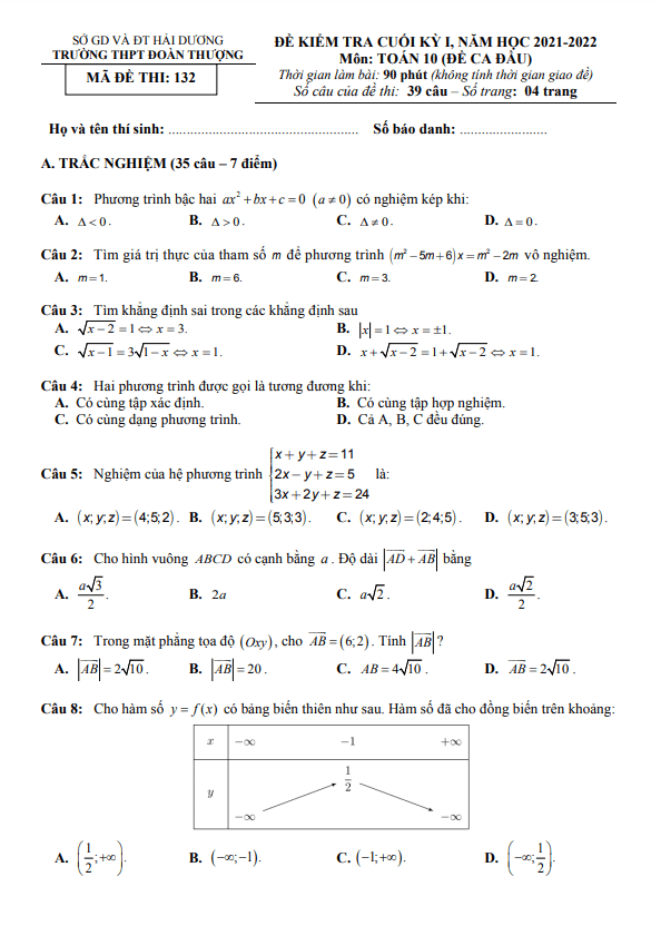 Đề thi cuối học kì 1 Toán 10 năm 2021 – 2022 trường THPT Đoàn Thượng – Hải Dương
