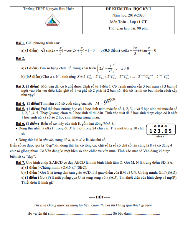 Đề thi cuối học kì 1 Toán 11 năm 2019 – 2020 trường THPT Nguyễn Hữu Huân – TP HCM