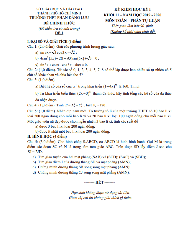 Đề thi cuối học kì 1 Toán 11 năm 2019 – 2020 trường THPT Phan Đăng Lưu – TP HCM