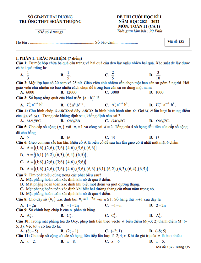 Đề thi cuối học kì 1 Toán 11 năm 2021 – 2022 trường THPT Đoàn Thượng – Hải Dương