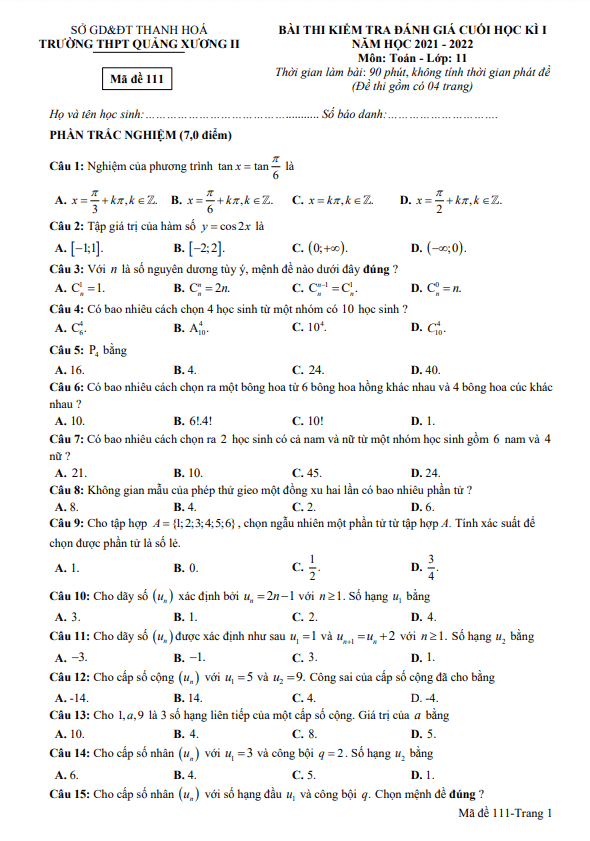 Đề thi cuối học kì 1 Toán 11 năm 2021 – 2022 trường THPT Quảng Xương 2 – Thanh Hóa