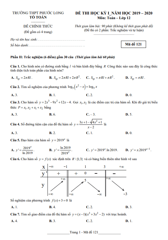 Đề thi cuối học kì 1 Toán 12 năm 2019 – 2020 trường THPT Phước Long – TP HCM