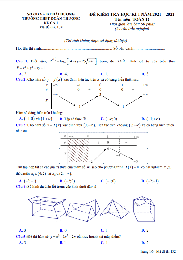 Đề thi cuối học kì 1 Toán 12 năm 2021 – 2022 trường THPT Đoàn Thượng – Hải Dương